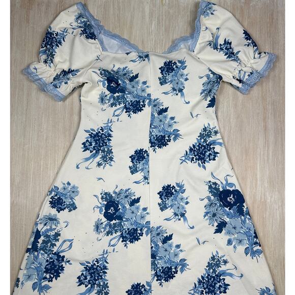 Cider Blue Floral Lace Trim Puff Sleeve Cottagecore Romantic Midi Dress Large - Picture 11 of 14